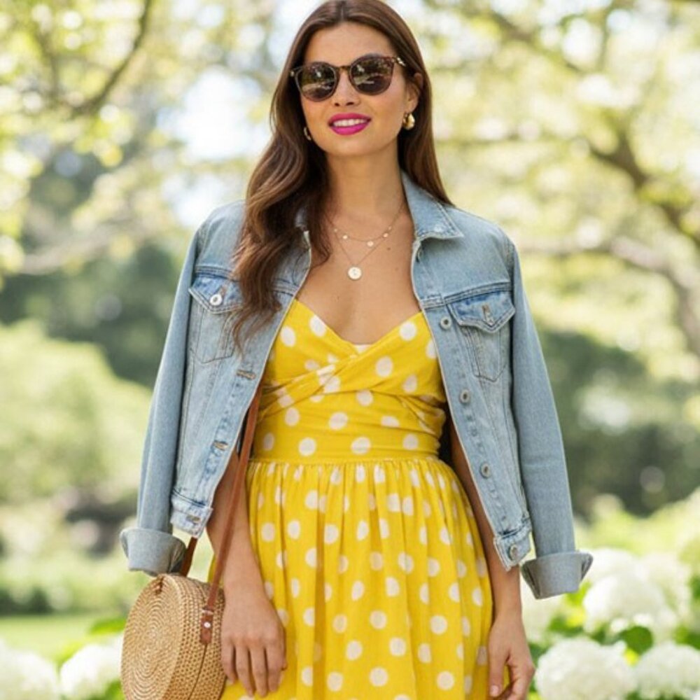 LUMIERE Yellow White Polka Dot Mini Dress Spaghetti Strap Fit & Flare Sundress